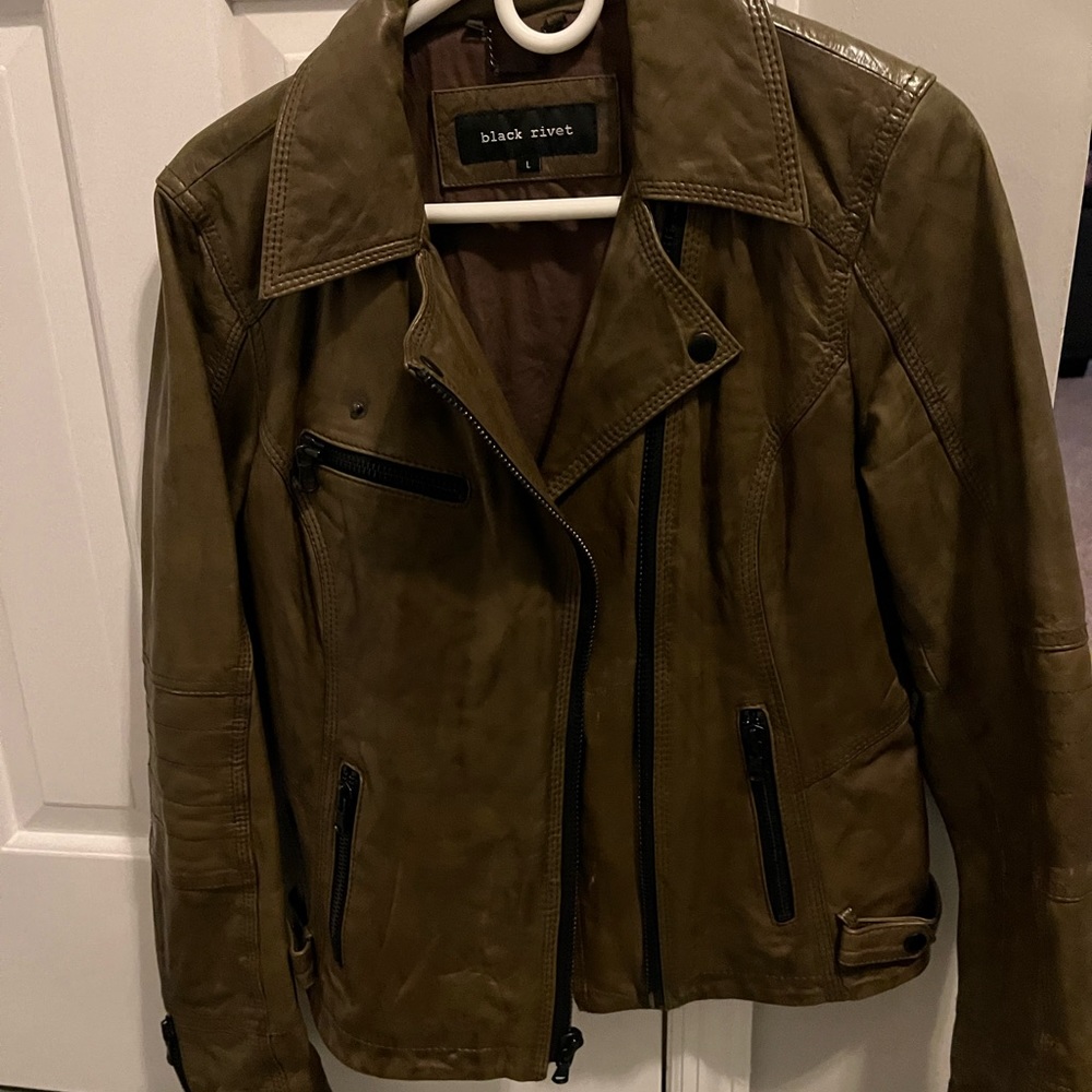Black Rivet Green (Army-ish) leather jacket with black hardware